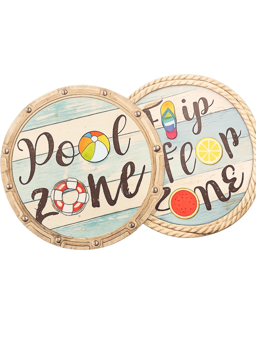 Pool Zone Round Wood Beach Signs - Aqua & White